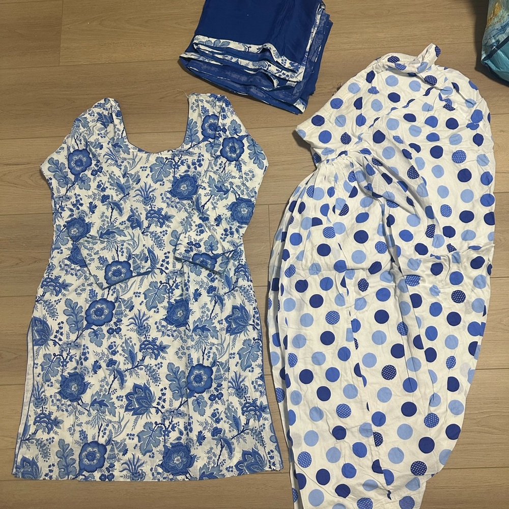 Blue and White Floral and Polka Dot Dress Set